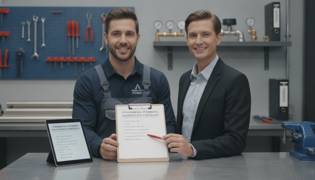 Rockaway Plumbing professional reviewing a commercial plumbing maintenance checklist